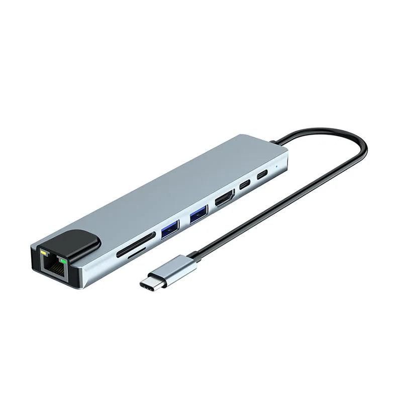 Type C Extender 8 in 1 USB HUB with HDMI Laptop Converter USB C to USB 3.0 2.0 Disk Ethernet Cable Card Reader and Charging Dock USB Hub