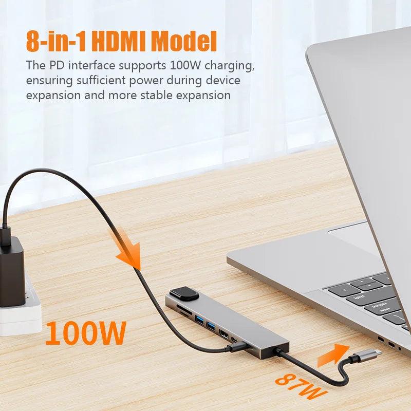 Type C Extender 8 in 1 USB HUB with HDMI Laptop Converter USB C to USB 3.0 2.0 Disk Ethernet Cable Card Reader and Charging Dock USB Hub