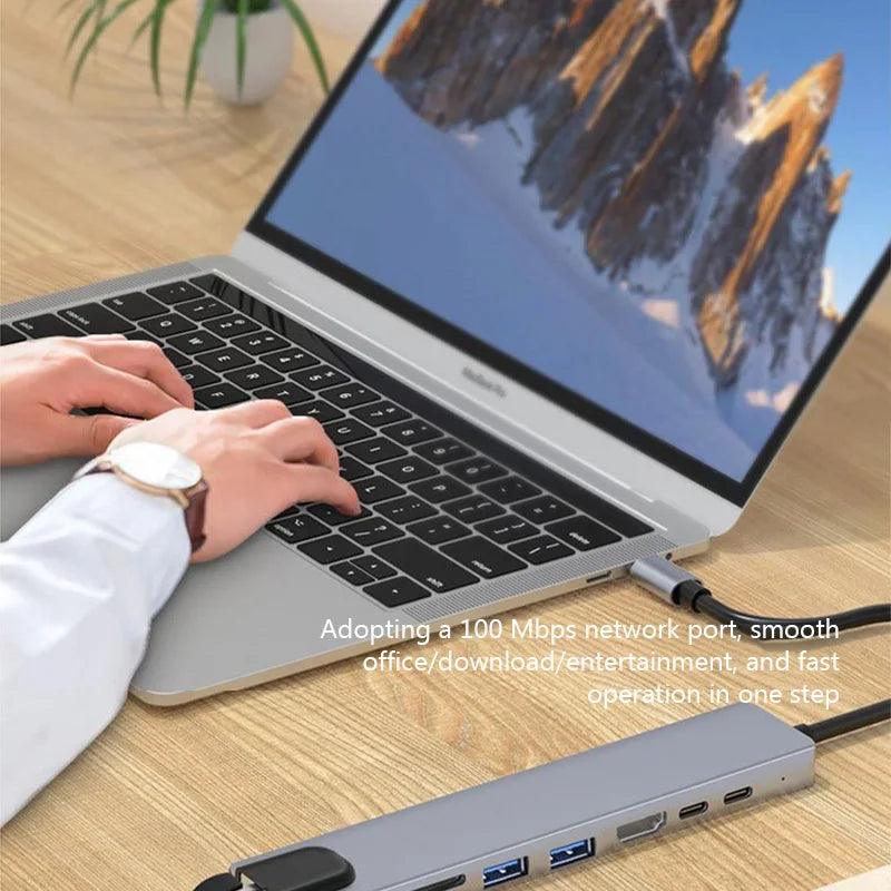 Type C Extender 8 in 1 USB HUB with HDMI Laptop Converter USB C to USB 3.0 2.0 Disk Ethernet Cable Card Reader and Charging Dock USB Hub