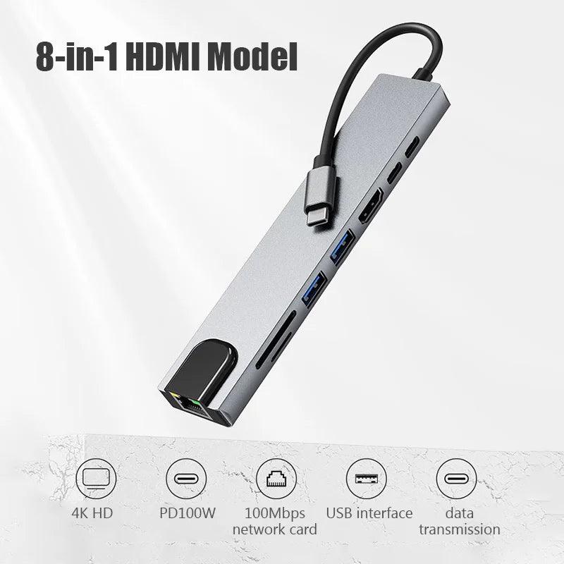 Type C Extender 8 in 1 USB HUB with HDMI Laptop Converter USB C to USB 3.0 2.0 Disk Ethernet Cable Card Reader and Charging Dock USB Hub