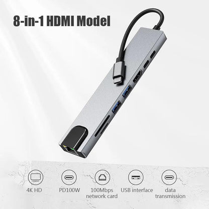Type C Extender 8 in 1 USB HUB with HDMI Laptop Converter USB C to USB 3.0 2.0 Disk Ethernet Cable Card Reader and Charging Dock USB Hub