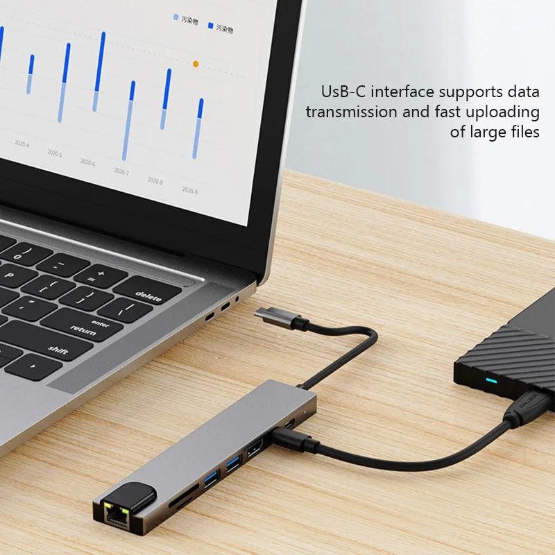 Type C Extender 8 in 1 USB HUB with HDMI Laptop Converter USB C to USB 3.0 2.0 Disk Ethernet Cable Card Reader and Charging Dock USB Hub