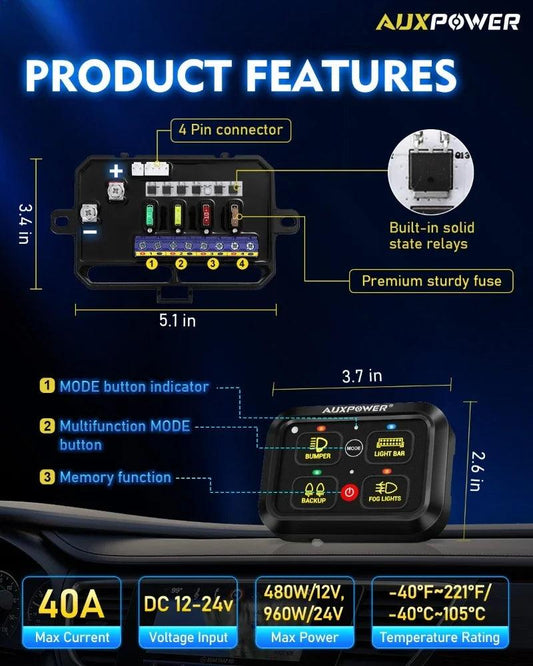 Universal RGB 4 Gang LED Switch Panel Lights On - Off Electronic Power Relay Control System for Cars SUV CAMPER RV MARINE - Switch Panel - Open Cut Off - Grid