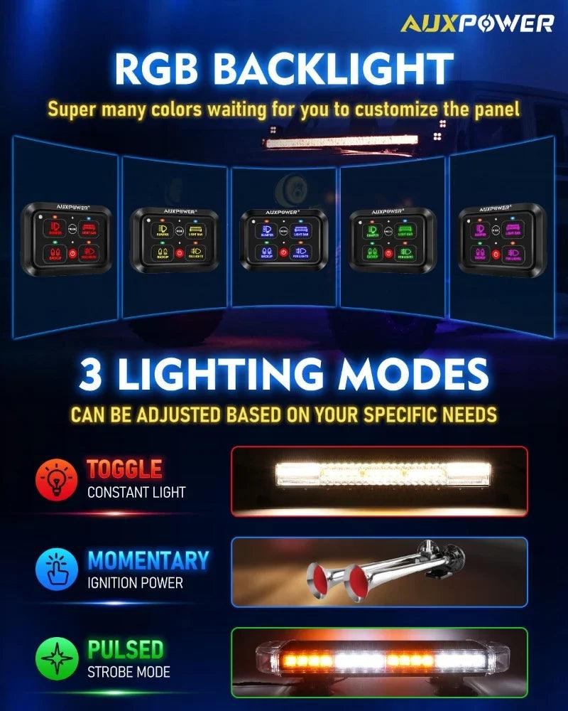 Universal RGB 4 Gang LED Switch Panel Lights On-Off Electronic Power Relay Control System for Cars SUV CAMPER RV MARINE Switch Panel