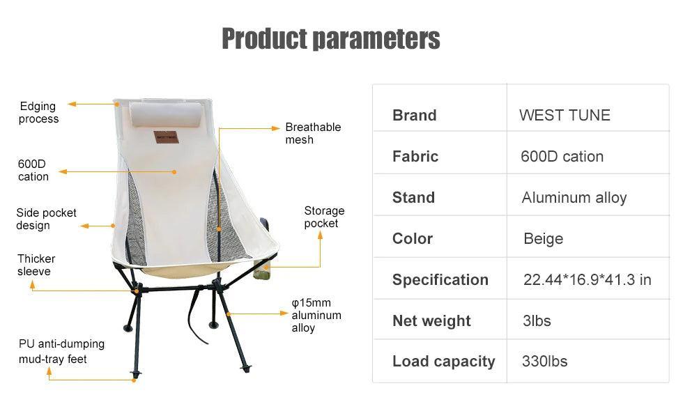 WESTTUNE Portable Folding Camping Chair with Headrest Lightweight Tourist Chairs Aluminum Alloy Fishing Chair Outdoor Furniture Camp Chairs