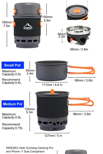 Widesea Camping Cooking System with Heat Exchanger Outdoor Gas Burner Stove Tourist Pot Set Cup Tableware Cookware Tourism Hike 