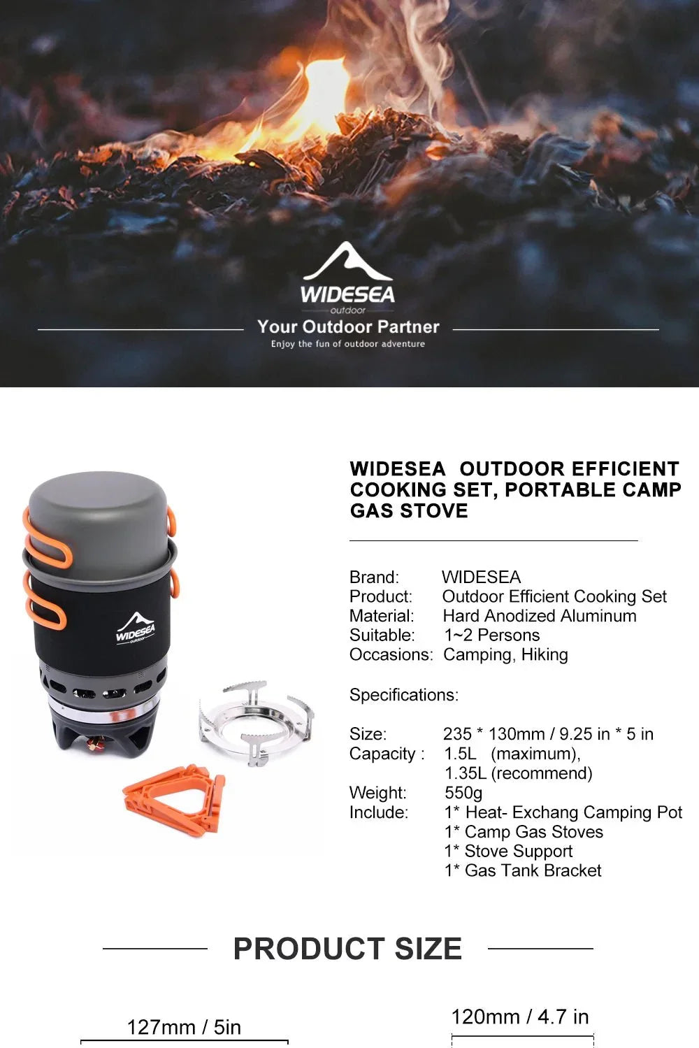 Widesea Camping Cooking System with Heat Exchanger Outdoor Gas Burner Stove Tourist Pot Set Cup Tableware Cookware Tourism Hike 