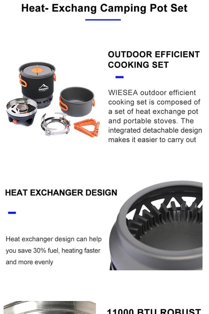 Widesea Camping Cooking System with Heat Exchanger Outdoor Gas Burner Stove Tourist Pot Set Cup Tableware Cookware Tourism Hike 